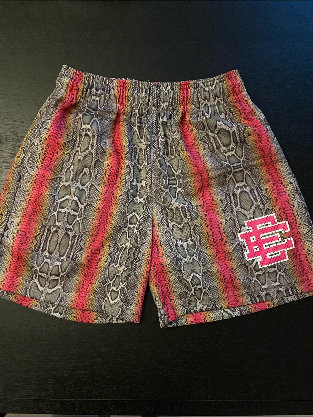 Eric Emanuel Men's Snake-Print Athletic Shorts with Red and Pink Stripes